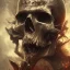 Placeholder: Skull headed warrior, battle scars, still standing, rage, armor, foggy, electric currents, sword, pride, honor, scary, detailed, 4K, HD, Center line