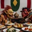 Placeholder: Close-up shot of ultra realistic odd monsters dining, Egon Schiele, vivid, deep 3d field, ultra realistic, Egon Schiele, hypermaximalist figures, light, Italian 1970's odd movie, hilarious, Minicavio Quollati style, photography by Marlost Endgulp, ornate, 4k, photorealism