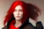 Placeholder: A woman with shoulder length, bright red hair, brown eyes, wearing a black hoodie.