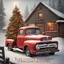 Placeholder: old vintage red Ford pickup truck with decorated Xmas tree in bed of the truck.. In the background is a weathered barn. Snow is falling. Mood is festive. "Take a little Xmas with where ever you go" is written on bottom.
