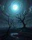 Placeholder: Render a desolate landscape with gnarled, twisted trees reaching towards a turbulent, starry sky. A single, radiant moon casts an ethereal glow over the scene, illuminating a path that winds through the barren terrain. Amidst the desolation, a small pool of water reflects the moon's light, offering a glimmer of serenity within the gloom.