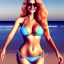 Placeholder: retrato de mujer guapa voluptuosa rubia en playa en bikini cuerpo entero sonriendo