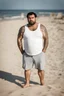 Placeholder: full figure shot photography of a tired chubby burly 38 years old ugly arab carpenter, tank top, big nose, tattoo, unshaved, short curly hair, manly chest, angry eyes, white boxer, open legs , at the beach in the sun, big shoulders, big tights, side light, ground view angle