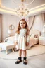 Placeholder: a 6 years old girl in modern clothing and makeup standing pose with cute and joy with pertty shoes in a very large luxury baby bedroom