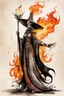 Placeholder: create an abstract ink wash and watercolor full body caricature of an aged, malevolent, ornately dressed , 14th century sorceress engulfed in fire ,highly detailed with refined facial features in the cartoon caricature style of Gerald Scarfe and Ralph Steadman precisely drawn, boldly inked, vividly colored, 4k