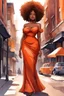 Placeholder: Create a watercolor cartoon image of a curvy black female walking thru the city streets wearing a burnt orange off the shoulder maxi sundress. Prominent make up with brown eyes. Highly detailed tight curly black shiny afro