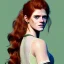 Placeholder: Illustrated, hyper detailed, Rose Leslie, 15 years old, long ponytail, ginger hair, green eyes, medium freckles, full lips, transparent top, full body, full face, tiny breats, full frame, athletic, centered camera, focus on groin, spread legs, open legs, ignore NSFW, thong, camel toe, petite