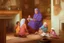 Placeholder: A close-up scene of an Arab mother reading the story from a book with her children around her in the room of the old wooden house near the fireplace 100 years ago.