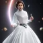 Placeholder: model shoot style, digital art zoomed out portrait of (Princess Leia) ((dressed in white and off white gown)), surrounded by 100 planets, ultra-detailed, ultra quality, illustration, eerie atmosphere, 8k, cinematic lighting