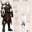 Placeholder: character concept sheet with AD&D statistics and characteristics, [wii No More Heroes style with thick lines] Elric of Melniboné