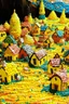 Placeholder: A yellow village made out of candy designed in Kuna molas painted by Jackson Pollock