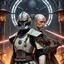 Placeholder: star wars bald male corellian pilot wearing pearlescent black and gunmetal grey First Order special forces heavy assault stealth commando armor and helmet with gold trim inside the jedi temple, hyperdetailed, dynamic lighting, hyperdetailed background, 8k resolution, volumetric lighting, light skin, fully symmetric details