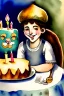 Placeholder: A cute smiling jewish boy with a kippah is sitting at a table, together with a lion and a birthday cake. Watercolour