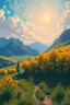 Placeholder: Spirituality without being able to control your reality is vanity; lowbrow pop art version of a soul in a sunny Van gogh-like Post-Impressionistic dreamy landscape