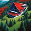 Placeholder: Aerial view of the hillside cabin Zaha Hadid dress, trees,digital bar, hyper-detailed, red and blue colors, 8k oil painting