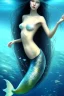 Placeholder: black long hair mermaid with white top in the ocean