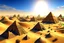 Placeholder: A desert in sunlight with pyramids and temples with clocks on them designed in Kuna Molas