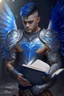 Placeholder: a person in runic armor with blue wings, blue short hair, runic tattoo and spell book, male