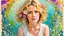 Placeholder: abstract art complementary colors fine details , old torn worn paper, high grain, portrait blonde , flowers in hair, acrylic, alcohol ink, fine drawing, A blonde woman in her 40s, with flowers woven into her loose, curly hair, sits in a whimsical, fairytale setting, surrounded by delicate swirling patterns reminiscent of the textures of old torn paper, in a vibrant, abstract style combining acrylic and alcohol ink techniques, with fine detailing that highlights complementary colors, in the expre