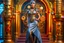 Placeholder: full body and headshot of a skinny Cleopatra, with a silver bob hairstyle, standing in a steampunk setting.