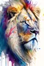 Placeholder: "lion", clean design, art station, splash of colorful paint, contour, ((solid white background)), gazing into camera, hyperdetailed intricately detailed, unreal engine, fantastical, intricate detail, splash screen, complementary colors, fantasy concept art, 8k resolution, DeviantArt masterpiece, watercolor, paint dripping