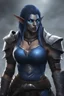 Placeholder: a female orc , blue eyes, muscular, digital art, in heavy armor, dark blue skincolor