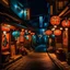 Placeholder: Tawaraya Sotatsu, japanese traditional art, japanes village street, neon lights, ramen bar, lanterns, shop signs, night time, beautiful scenery