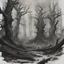 Placeholder: Generate a visually striking artwork that depicts a primal evil dark forest, drawing inspiration from dark mythology and biblical references. Incorporate elements of chaos, destruction, and a foreboding atmosphere.