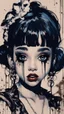 Placeholder: Poster in two gradually, a one side malevolent goth vampire girl face and other side the Singer Melanie Martinez face, full body, painting by Yoji Shinkawa, darkblue and sepia tones,