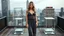 Placeholder: a picture of very beautiful sexy model lady with makeup and beautiful modern fashion midi pleated velvet dark silver lace skirt with lace edges and modern loose lace top with a loose over, curvy silver long hair, standing in a modern city open satge with 8 cubic mirrors(each with 4 equal hight and equal width, vertical mirror as a hight cube),are connested to afew centimeter hight wide cylider base. with some small lights on crystal frames, on roof of a skyscraper with city escape at backgro