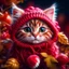 Placeholder: tiny fluffy red kitten, holding a large ball of woolen threads, big, very big eyes, knitted multicolored hoodie, sitting in raspberry bushes, realistic, professional photo, aesthetically pleasing, cute, cute, against a raspberry background, beautiful, high resolution, clear quality, colorful, pencil sketch, focused