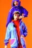 Placeholder: late 1990's women fashion.interesting hoodie with long tippet integrated to bolero -like attachement with pockets which goes up to a Hat with a visor, integrated to AKG-style headphones. Karjalainen kuvio, Karjala patterns. dress with strange cut. Colors: denim blue, blue, purple, khaki, "pastel light green", lilac, plum, orange, terracotta, red, pink, dark blue, beige. Women models. Starling pattern prints.Jennifer Lopez, Gwyneth Paltrow. intgrated bag. Big tennis shoes on. Cargo pants.