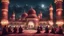 Placeholder: Hyper Realistic Photographic-View of few men praying outside a Huge-Beautifully-Crafted-Maroon-Mosque decorated with garland-lights & lamps between an island with ocean-water-waves & mountains around at feathers-whirling-&-Pigeons-Flying-at-night with dramatic-&-cinematic-ambiance