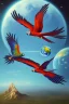 Placeholder: Macaw is flying in the space and is holding the earth in his claws. Surrealism.