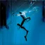 Placeholder: Minimal abstract oil painting of a falling person limbs sinew twisted . Background of bright blue with random words. hanging wires illuminated at night. In the style of Justin Mortimer and Phil Hale and Ashley Wood