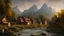 Placeholder: Looking across a fast-flowing dangerous river to a village of new wooden houses, school, church and farm buildings, and mountains in the far distance, highly detailed, realistic, sunshine, RTX