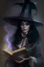 Placeholder: woman black hair middle aged magician with a spellbook big hat fantasy