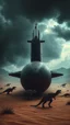 Placeholder: A nuclear submarine left in the desert with sands T rex dinosaurs are on it and around it and stormy clouds ,