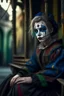 Placeholder: hyper real oil painting portrait of harlequin sitting in cable trolley in goth ruins background, zeiss prime lens, bokeh like f/0.8, tilt-shift lens 8k, high detail, smooth render, down-light, unreal engine, prize winning