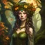 Placeholder: full-length portrait of a fantasy nymph dryad merges with an ancient oak, wrapped in the autumnal veil of a mystical forest, fine details of her wood-textured skin, autumn leaves intertwining with the twisted branches, moss and ivy framing her serene face, dappled sunlight casting ethereal glows on the scene, digital painting, ultra-fine and vivid colors, golden ratio.