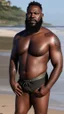 Placeholder: burly beefy nigerian fisherman sunbathing in mini pants, tattoo, bulge, manly chest, ugly, 61 years old, bullneck, goatee, long hairs, angry eyes, photorealistic, Canon EOS, 8k , on the beach