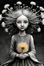 Placeholder: pencil and charcoal sketch of a cute happy little dandelion fairy girl, Mucha inspired emotional nature ephemeral sculptures of Andy Goldsworthy, tiny human form, essence captured as if created by surrealist photographer Noel S Osvald rendered in bright ombre colors, mixed with influences by John Bauer and Tim Burton, faded dark grey background, minimalistic art, with details that reflect advanced rendering techniques that push the drawing's realism even further Modifiers: trending on Artstation