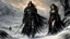 Placeholder: Hyper-photorealistic watercolor art style by Luis Royo , a warrior woman in black armor on the background of a cold snow-covered country, ice and crystal, frost and snow, hyperdetailed face, full body diagonal shot, encounters male bandits in dark fantasy countryside setting, absence of mysterious elements, dramatic lighting, ultrafine detail, octane rendering., by