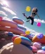 Placeholder: Ultra realistic speed clouds sky scene, wide angle view, sweet women falling down, inflatable color clothing, free jumping flying, many trinkets, hair monster. many jelly beans, balls, color smoke, smile, happy, circus style, extreme, wind, 20,000 feet altitude, stratosphere, soft color, highly detailed, unreal engine 5, ray tracing, RTX, lumen lighting, ultra detail, volumetric lighting, 3d, finely drawn, high definition, high resolution.