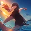 Placeholder: Clear Focus, High resolution, two girls holding hands running on water on sunset, extreme close up