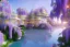 Placeholder: magnolia trees,a magical crystal flower wisteria pink gold house palace in the woods, magnolias pink,blue lake,sun,white swanns,pink vertical, blue lake,sharp, vines, candlelit, endor, ornate, elegant, highly detailed, artstation, concept art, smooth, sharp focus, illustration, 8k, splash art, wallpaper, key visual