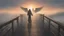 Placeholder: walking straight ahead over a wooden bridge, holding the angel of death with your right hand, entering the fog at the end of the road that leads to the afterlife, and a beautiful sunset and galaxy's behind the fog, realistic