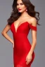 Placeholder: full body shot of young, beautiful Ozbek brunette with a perfect happy face with make up, wearing red lace off shoulder dress, in a dance club, hands on her hips