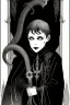 Placeholder: 7 year old boy, necromancer, friendly, looks dead,with a lamprey serpent , wearing black robes, in the style of Harry Clarke