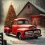 Placeholder: old vintage red Ford pickup truck with decorated Xmas tree in bed of the truck.. In the background is a weathered barn. Snow is falling. Mood is festive. "Take a little Xmas with where ever you go" is written on bottom.